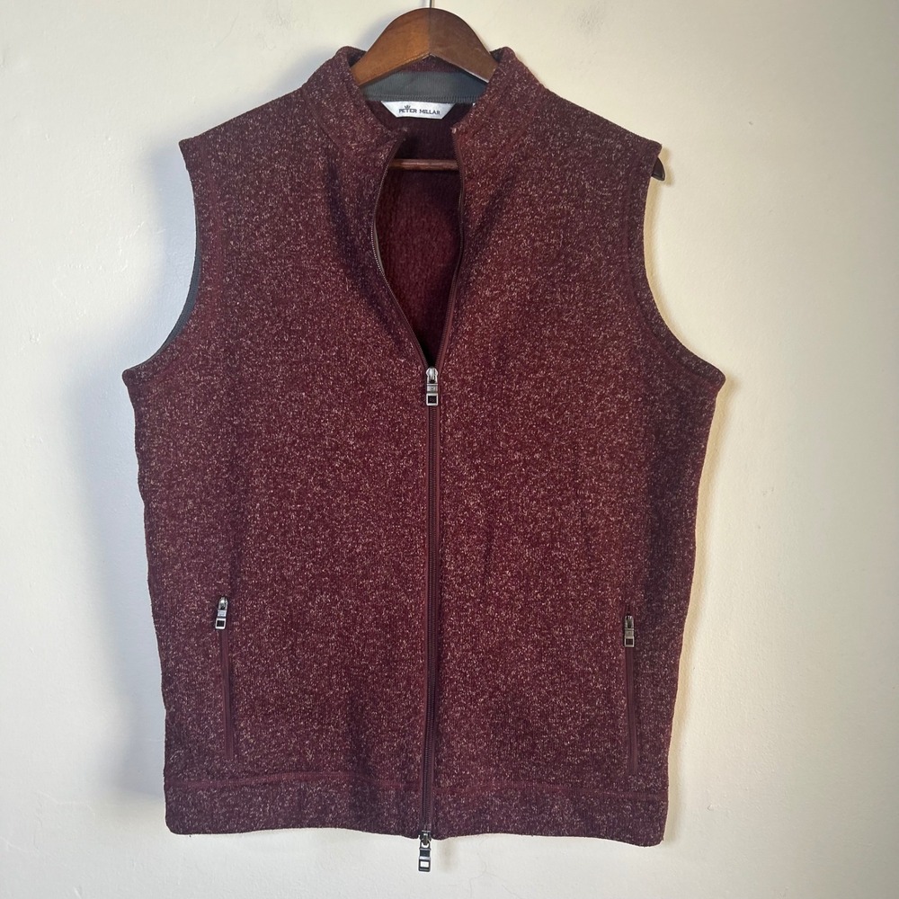 EUC Peter Millar Fleece Vest Full Zip Size Large Burgundy Marled Knit
